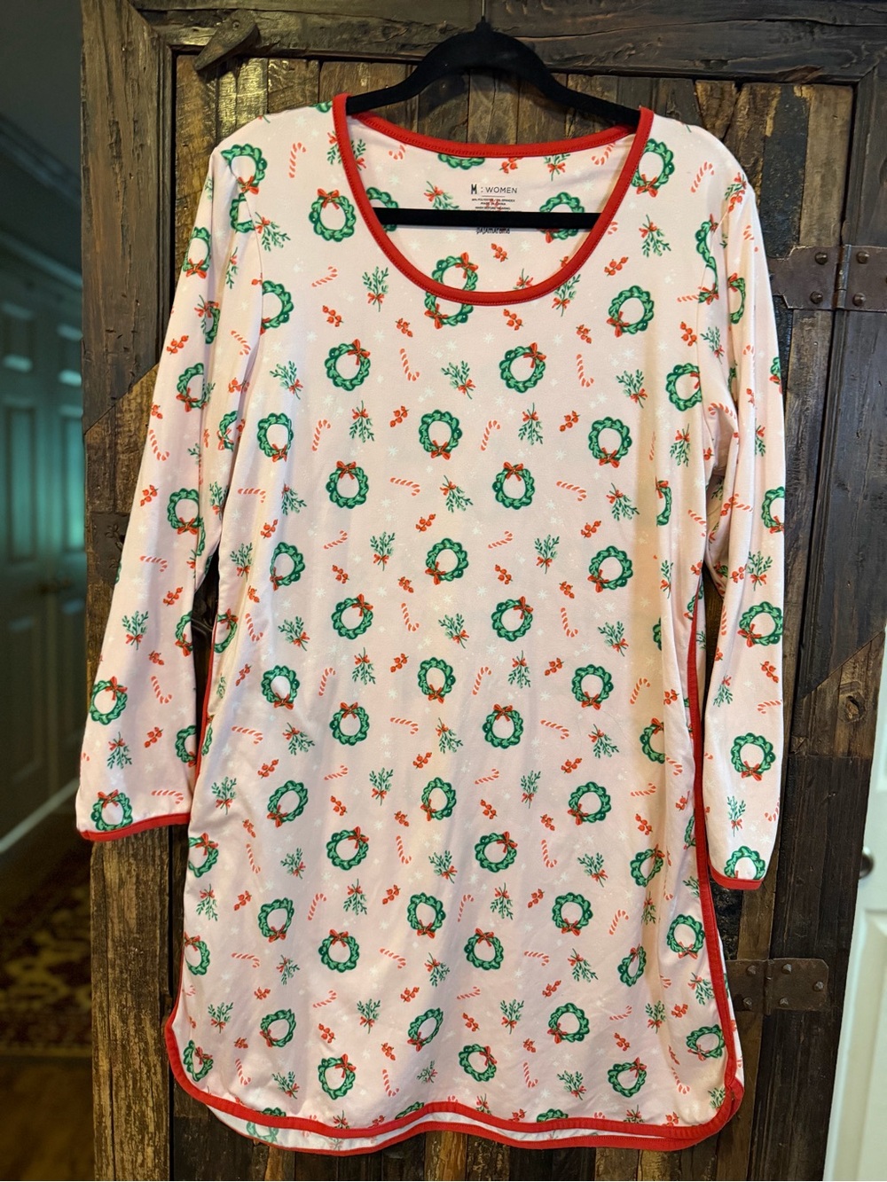 Pajamarama Christmas Nightgown Women M Pink Wreath Candy Cane Holiday